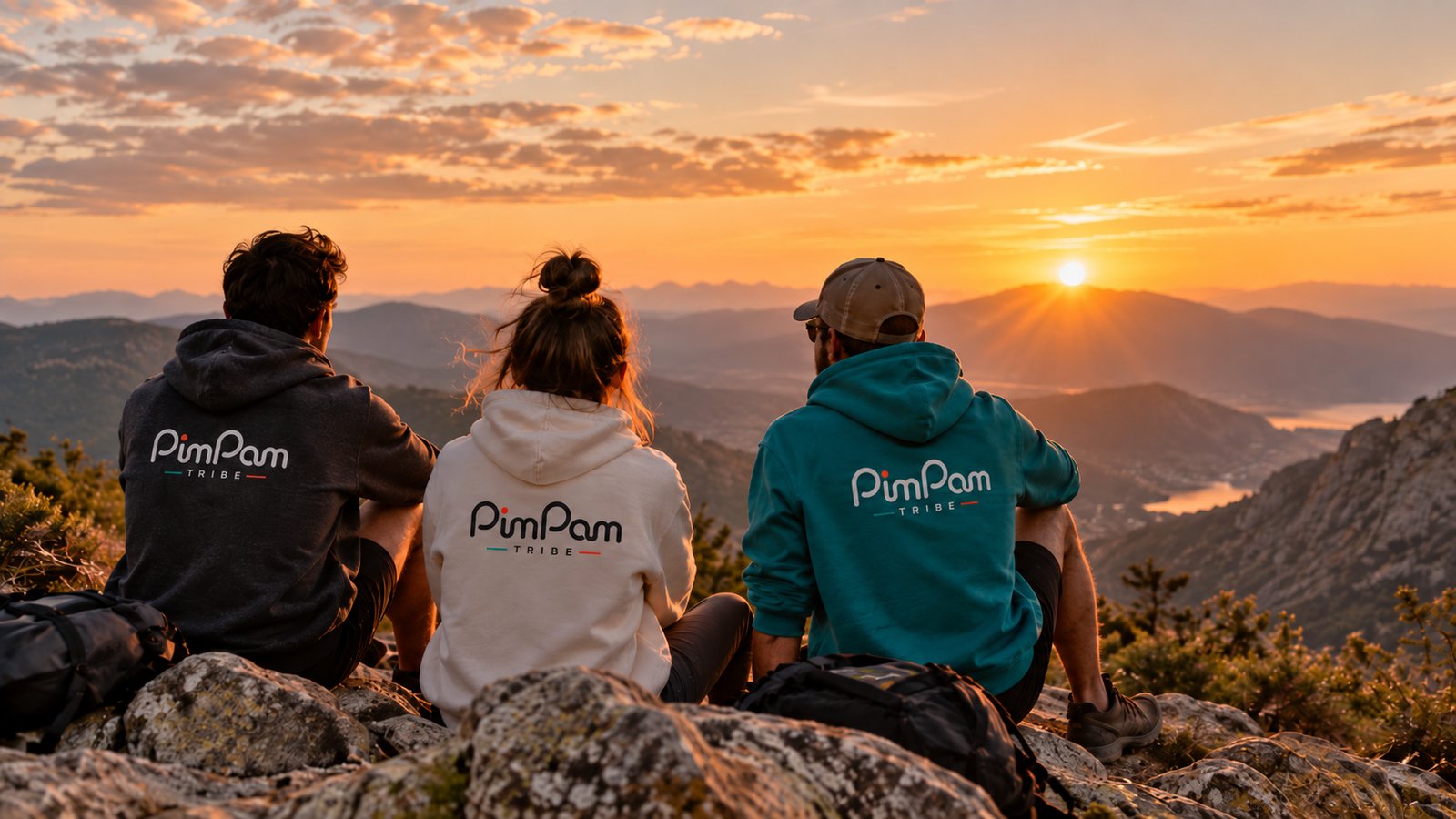 Tres personas de espaldas viendo el atardecer en la sierra